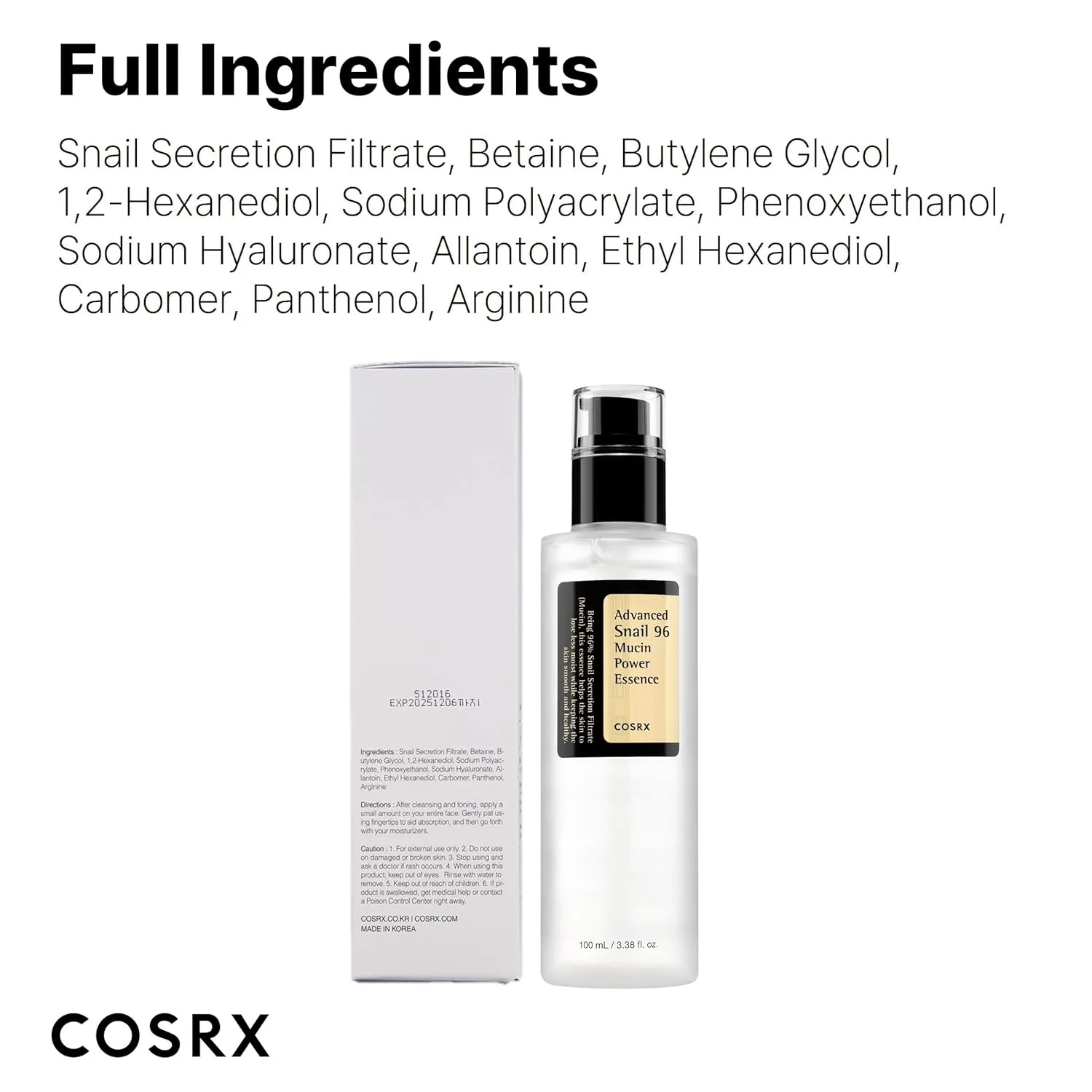 COSRX Snail Mucin 96% Power Repairing Essence 3.38 Fl.Oz 100Ml, Hydrating Serum for Face with Snail Secretion Filtrate for Dull Skin & Fine Lines, Korean Skincare