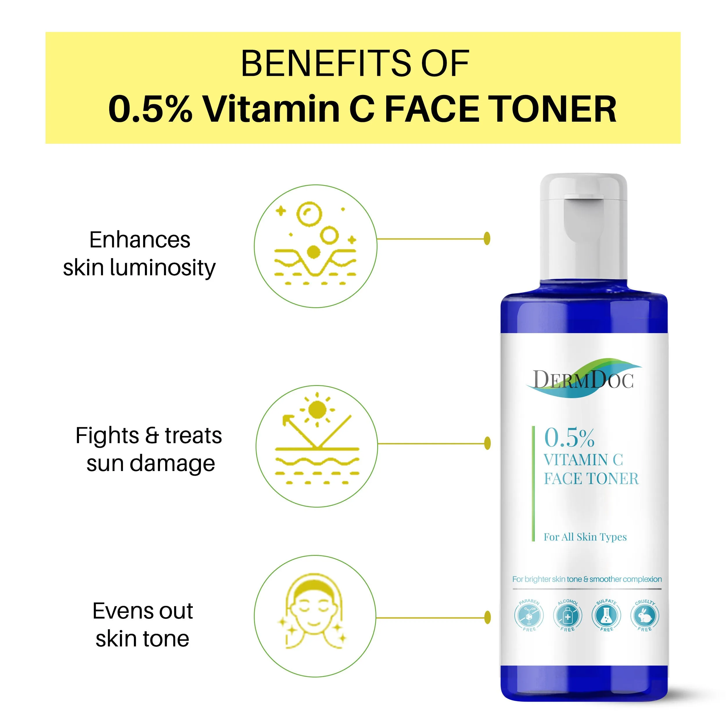 DermDoc 0.5% Vitamin C Face Toner (100 ml) | Toner for All Skin Type | Alcohol Free Toner | Non Sticky , Lightweight , Brightening