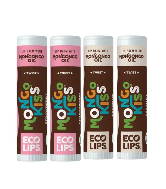 Mongo Kiss® Organic Lip Balm, 4 Pack Variety [Strawberry Lavender and Coconut]