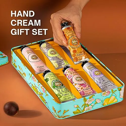 Yoken 20% Shea Butter Hand Cream Gift Set, Instant Soothing Moisturizing Hand Cream for Women Nourishes Dry Hands, 6-Piece Delicate Tin Gift Set Almond, Verbena & Floral-Scented Hand Lotion, 6 x 1 OZ