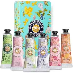 Yoken 20% Shea Butter Hand Cream Gift Set, Instant Soothing Moisturizing Hand Cream for Women Nourishes Dry Hands, 6-Piece Delicate Tin Gift Set Almond, Verbena & Floral-Scented Hand Lotion, 6 x 1 OZ